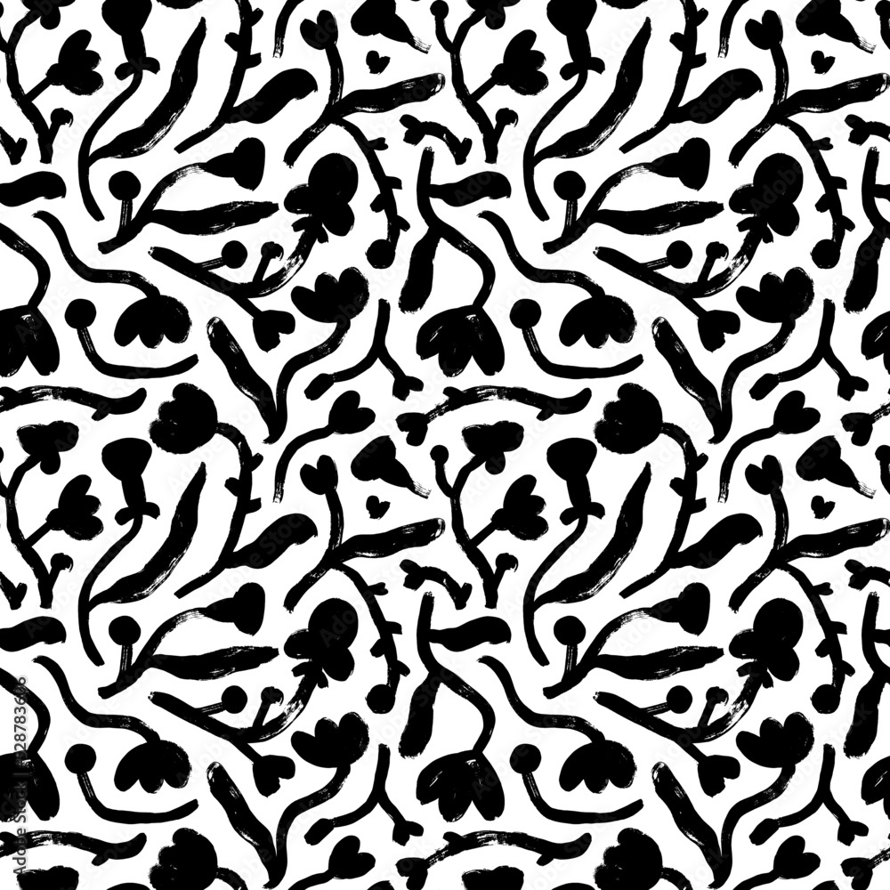 Seamless pattern with abstract herbs and simple flowers. Hand drawn black vector ornament with meadow flowers, small stems, leaves. Modern exotic design for wrapping paper, wallpaper, textile Seamless pattern with abstract herbs and simple flowers. Hand drawn black vector ornament with meadow flowers, small stems, leaves. Modern exotic design for wrapping paper, wallpaper, textile