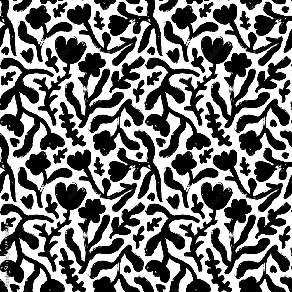 Seamless pattern with meadow flowers silhouettes. Abstract blossoms, various branches and botanical stems. Hand drawn simple vector ornament with black small flowers, chamomiles. Geometric botany. Seamless pattern with meadow flowers silhouettes. Abstract blossoms, various branches and botanical stems. Hand drawn simple vector ornament with black small flowers, chamomiles. Geometric botany.