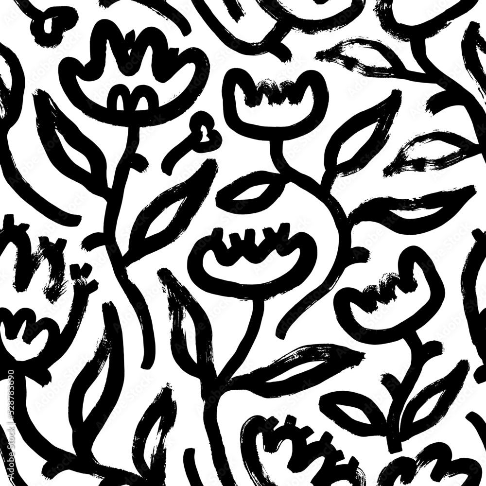 Abstract floral geometric seamless pattern. Naive and retro design with bold flowers. Hand drawn vector ornament. Artistic naive tulips and chamomiles stems with leaves. Modern forms of meadow flowers Abstract floral geometric seamless pattern. Naive and retro design with bold flowers. Hand drawn vector ornament. Artistic naive tulips and chamomiles stems with leaves. Modern forms of meadow flowers