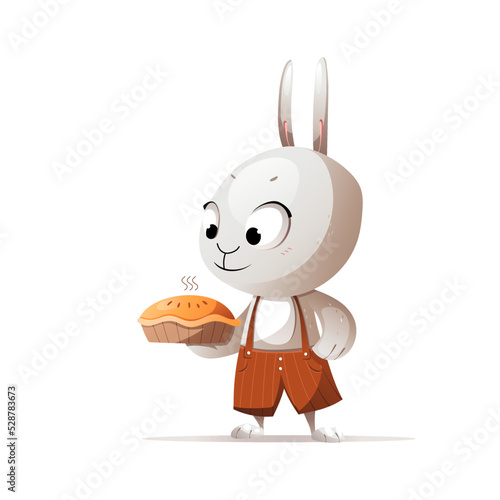 Grey cartoon character rabbit cooked carrot cake vector illustration
