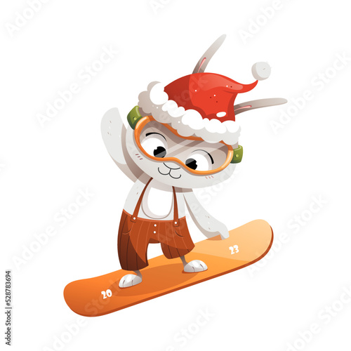 Grey cartoon character rabbit in a Christmas hat riding a snowboard vector illustration