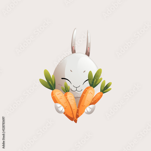 Grey cartoon character rabbit holding a lot of carrots in his hands vector illustration