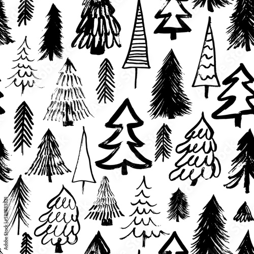 Seamless pattern with Christmas tree. Winter holidays background with hand drawn fir trees and pines. Black winter forest in childish, doodle or cartoon style. Vector rustic ink illustration.