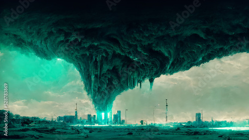 Huge Tornado Above Sci-Fi Metropolis on the Blue Green Ice Planet Art Illustration. Space Base on Cold Planet Panoramic Background. Digital Painting AI Neural Network Computer Generated Art Wallpaper