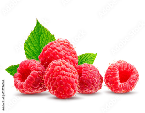 Group of ripe raspberries with leaves, isolated on white background.