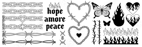 Tattoo art 1990s, 2000s. Y2k stickers. Butterfly, barbed wire, fire, flame, chain, heart and other elements in trendy psychedelic style. Vector hand drawn tattoo print. Black and white colors.