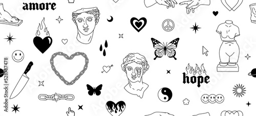 Tattoo art 1990s, 2000s. Y2k seamless pattern. Butterfly, fire, flame, chain, heart, greek statue and other elements in trendy psychedelic style. Vector hand drawn background. Black and white colors.