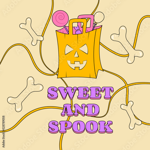 Groovy Style Poster Sweet and Spook for Halloween Holiday Package with Treats and Sweets Flying Bones