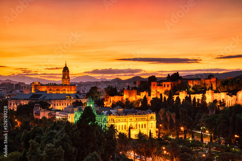 Malaga Old Town Aerial View with Malaga Cathedrat at Sunset