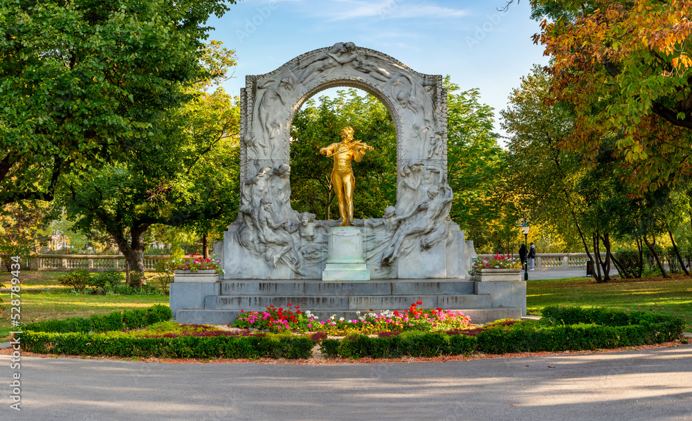 Monument to famous composer Johann Strauss in Stadtpark in autumn, Vienna, Austria