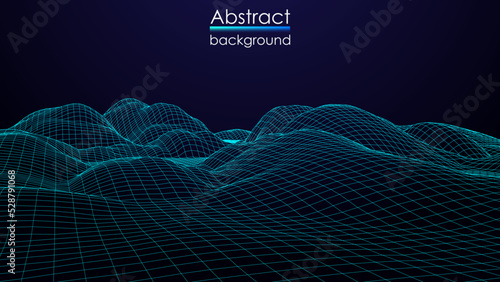 Abstract dark background with linear grid. The framework of the landscape. Polygonal map of the area. 3d vector illustration