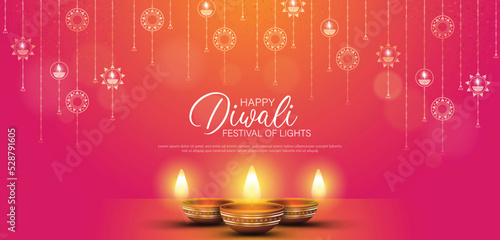 Happy Diwali - festival of lights colorful banner template design with decorative diya lamp.