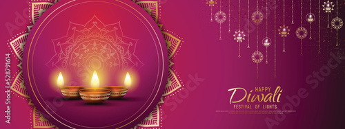 Happy Diwali - festival of lights colorful banner template design with decorative diya lamp.