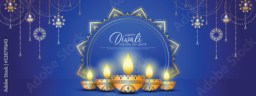 Happy Diwali - festival of lights colorful banner template design with decorative diya lamp.