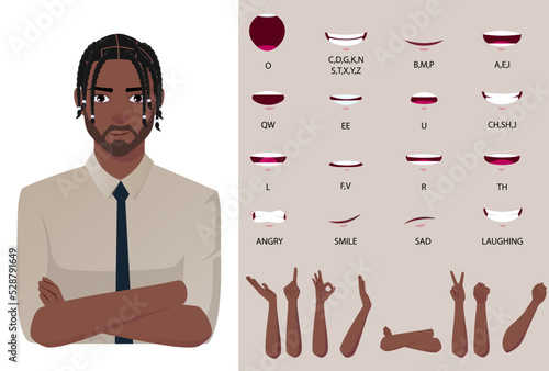 Formal Black Worker Man Character Mouth Animation Lip-sync and hand gestures premium Vector