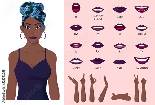 Black Girl Character Mouth Animation, Lip Sync, Cartoon Afro American Girl Wearing Head Wrap Illustration