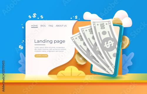 Landing page finance action, cash back mobile shopping, website poster. Vector