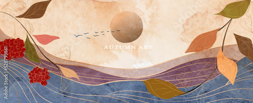 Abstract autumn background with landscape and tree branches with dry leaves in golden line. Botanical banner in a watercolor style for decoration, print, interior design, packaging, wallpaper.