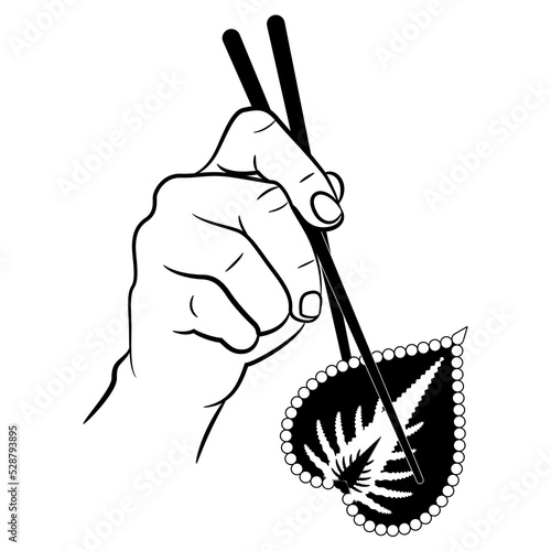 Human hand holding a leaf of Coleus scutellarioides plant with chopsticks. Creative vegan concept. Black and white silhouette.