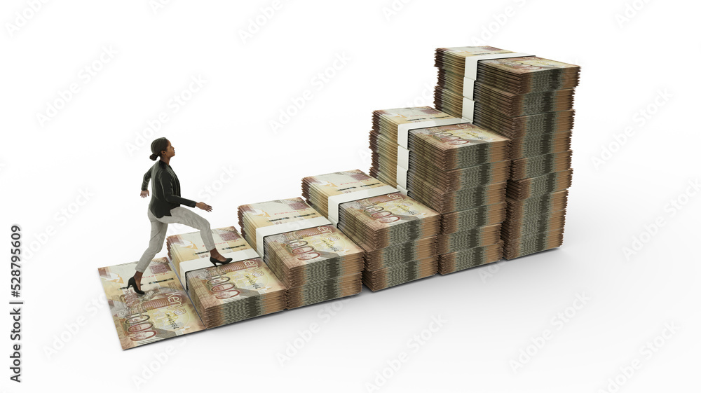 Business woman climbing stairs made of stacks of Kenyan shilling notes ...