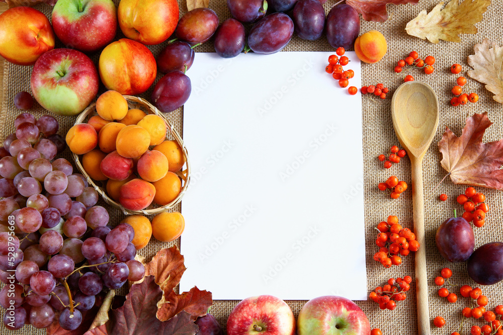 Tło kulinarne z jesiennymi owocami i białą kartką - obrazy, fototapety, plakaty 