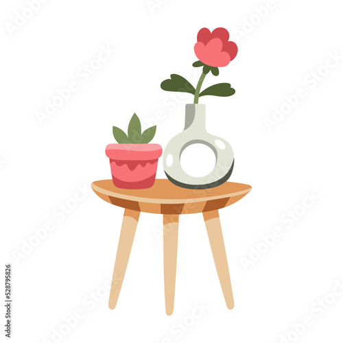 Retro wooden small table with plant in a flowerspot and vintage vase with flower. Mid-century modern furniture. Scandinavian interior design. Warm hygge aesthetics. Flat cartoon hand-drawn style