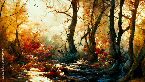 Leinwand Poster abstract gloomy fantasy forest during fall