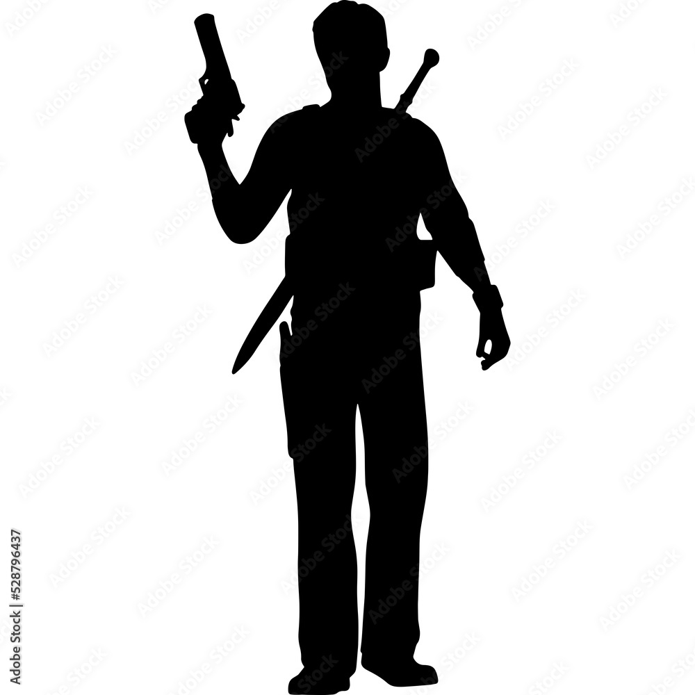 Black and white silhouette of a soldier with a weapon. A special forces soldier aims and shoots a rifle or a machine gun at the enemy Black and white silhouette of a soldier with a weapon. A special forces soldier aims and shoots a rifle or a machine gun at the enemy