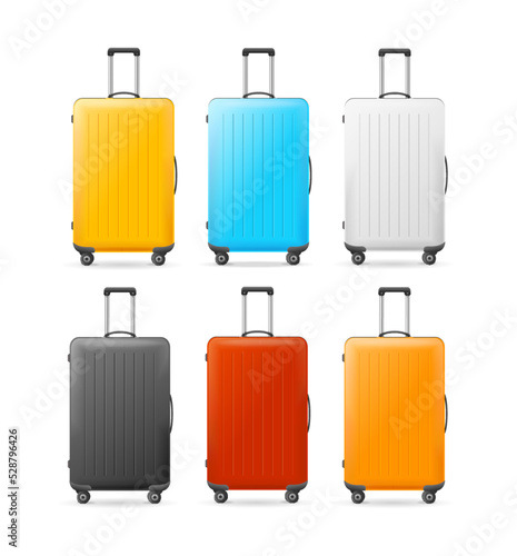 Realistic Detailed 3d Different Bright Color Empty Suitcase Set. Vector