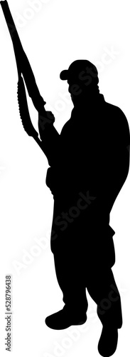 Black and white silhouette of a soldier with a weapon. A special forces soldier aims and shoots a rifle or a machine gun at the enemy