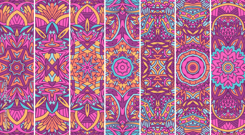 Ethnic geometric pattern set with bright color psychedelic print.