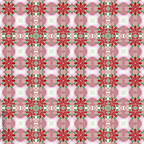 Seamless Christmas poinsettia retro pattern. Decorative ornament in seasonal red for December holiday background. Winter botanical vintage scandi repeat tile. 