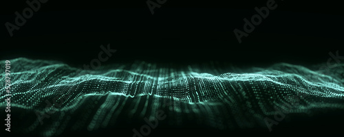 Wave of particles. Big data visualization. Abstract background with a dynamic wave. 3d rendering.