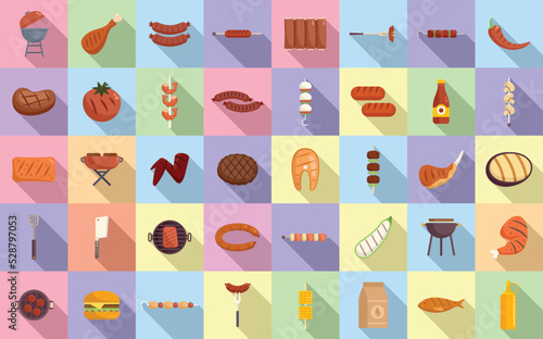 Grilled food icons set flat vector. American cooked. Korean chicken