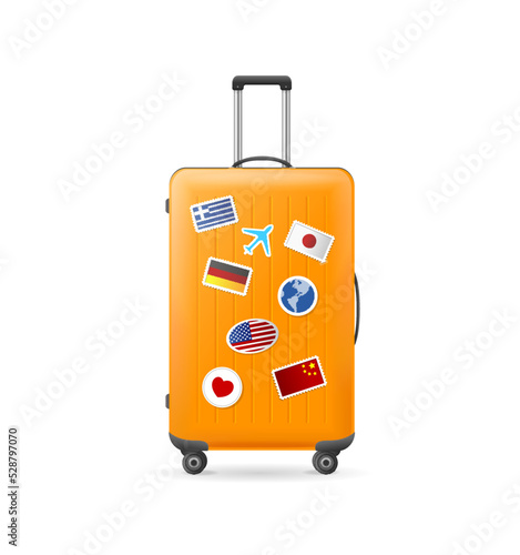 Realistic Detailed 3d Travel Suitcase with Sticker Flags. Vector