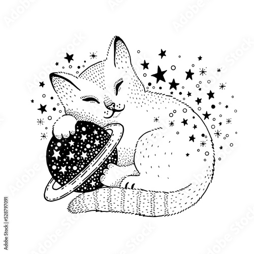 Magic cat tattoo. Space saturn art. Esoteric and alchemy cute background. Fantasy graphic for girl and baby. Midnight cat vector print. Coloring book starry animal. Mysterious celestial galaxy symbol