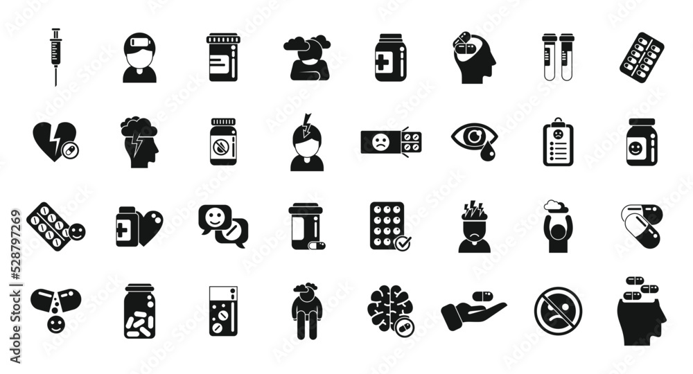 Antidepressant icons set simple vector. Family health. Sad mental Antidepressant icons set simple vector. Family health. Sad mental