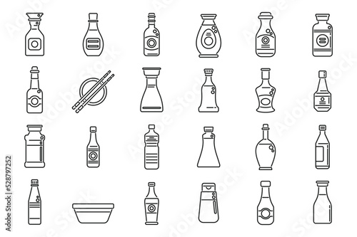 Soy sauce icons set outline vector. Sashimi fried. Tempura shrimp
