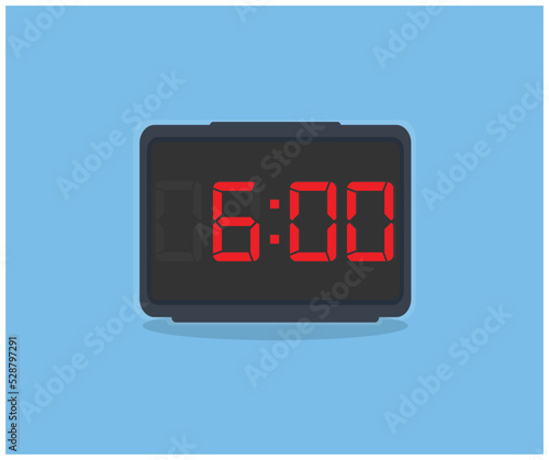 Digital black alarm clock displaying 6:00 o'clock logo design. Digital clock with red numbers - Time to wake up, attend meeting or appointment, ring bounce alarm clock vector design and illustration.