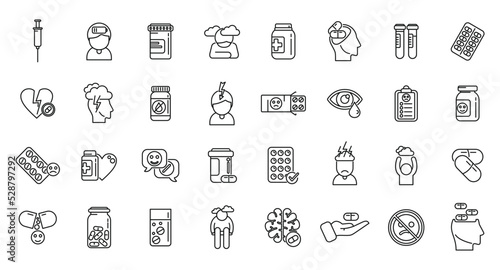 Antidepressant icons set outline vector. Family health. Sad mental