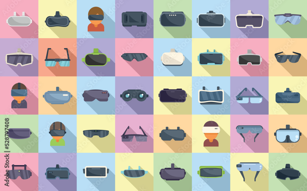 Virtual glasses icons set flat vector. Vr reality. Oculus video