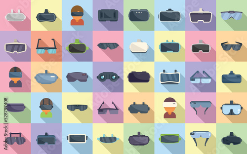 Virtual glasses icons set flat vector. Vr reality. Oculus video