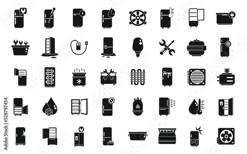 Refrigerator repair icons set simple vector. Fridge door. Open cold