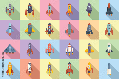 Spacecraft launch icons set flat vector. Rocket ship. Cosmos future