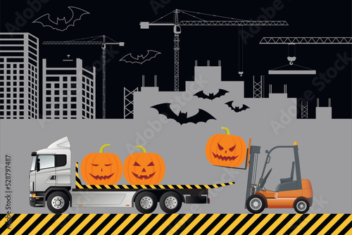 Greeting card. A forklift is loading a truck with halloween pumpkins.