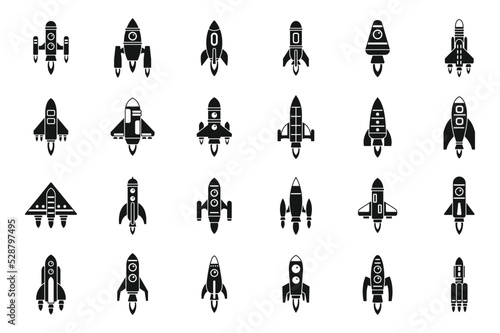 Spacecraft launch icons set simple vector. Rocket ship. Cosmos future