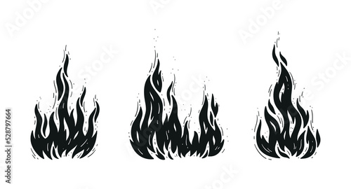 Vector Fire Flame Set. Campfires Silhouettes. Bonfire Black and White Drawing.