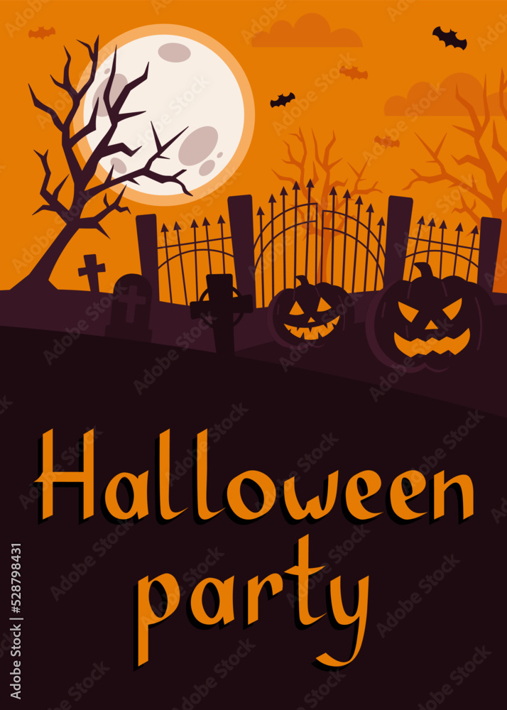 Halloween Party Invitation With Pumpkins, Bats And Crosses Vector Illustration In Flat Style