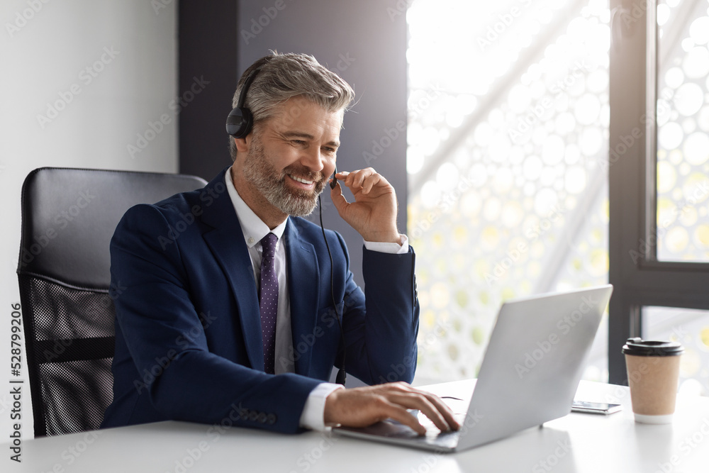 Middle aged businessman with headset and laptop making video conference with partners Middle aged businessman with headset and laptop making video conference with partners