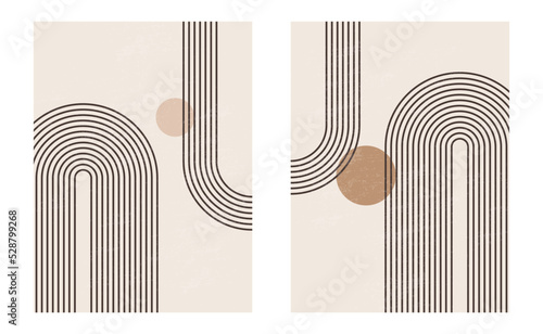 Set of Mid century modern minimalist art print with organic natural shape. Abstract contemporary aesthetic background with geometric Minimal black line on beige. Boho wall decor.